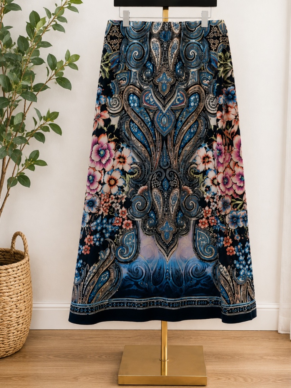 Floral Maxi Skirt Red Black White Boho Cottagecore Elastic Waist